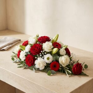 Centro de flores frescas en tonos blancos y rojos para Todos los Santos — Floral Experience